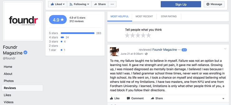 User generated content- Foundr Facebook Reviews